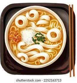 Udon japanese food top view vector illustration