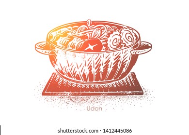Udon, japanese soup, noodles bowl with meat, vegetables and naruto slices, oriental food restaurant menu