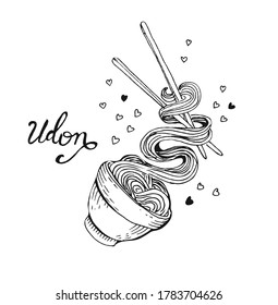 Udon lettering. Flying noodles. Asian food. Japanese, chinese, thai meal. Soba, Lamian, Lo Mein, Ramen, Noodle, Pasta, Udon. Long noodle on bowl with chopstick. Hand drawn doodle, vector illustration