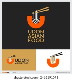 Udon logo. Asian Food icon. Orange letter U like bowl with noodle and chop stiks.