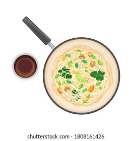Udon Noodle with Mushroom Rested in Wok Pan and Soy Sauce Rested Nearby Above View Vector Illustration