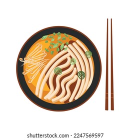Udon Noodle Soup Top view on a white background. Asian food. Vector illustration for restaurants, menus, decor