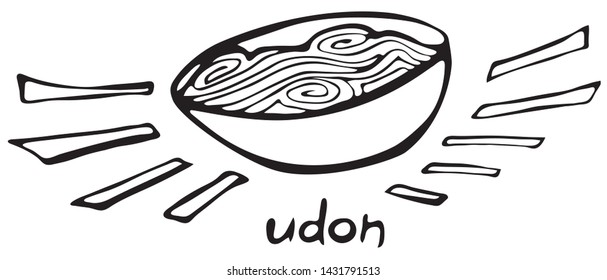Udon noodles. Advertising and restaurant food. Original graphics and ink