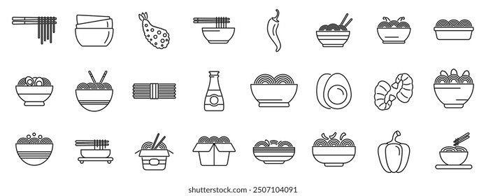 Udon noodles icons set. Asian food icons set in thin line style, representing different types of noodles and ingredients