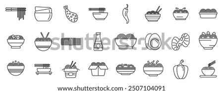 Udon noodles icons set. Asian food icons set in thin line style, representing different types of noodles and ingredients