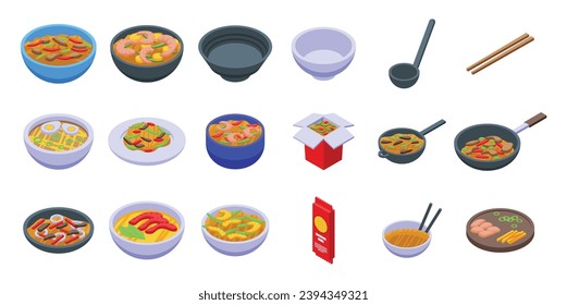 Udon noodles icons set isometric vector. Meal food cooking. Ramen soup