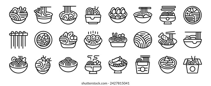 Iconos de fideos udon establecen el vector de contorno. Comida cocina. Ramen de cocina