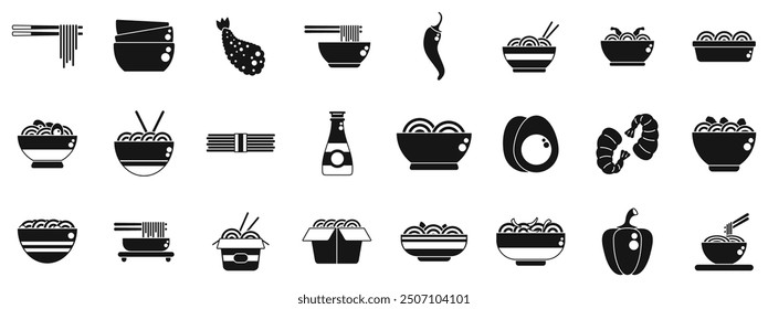 Udon noodles icons set. This set of icons shows various bowls containing ramen noodles with chopsticks, shrimps, eggs and peppers