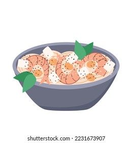 Udon noodles with shrimp tofu and sesame seeds. Japanese traditional cuisine. Asianfood dish isolated vector illustration