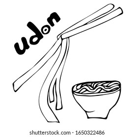 Udon. Noodles are taken from a bowl with chopsticks. For the design of eateries, restaurants, kitchens