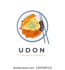 Udon Soup Vector Illustration Logo With Tofu, Tempura Shrimp, Mushrooms And Chunks Of Kamaboko