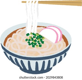 Udon is a thick noodle made from wheat flour, used in Japanese cuisine. It is a comfort food for many Japanese people. Hot soup with a mild broth made from dashi, soy sauce, and mirin.