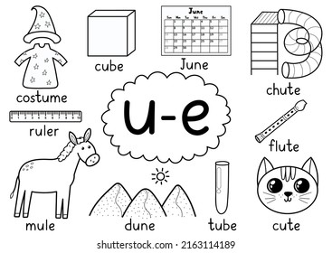 U-e digraph spelling rule black and white educational poster for kids with words. Learning u-e phonics for school and preschool. Phonetic worksheet. Vector illustration