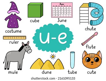 U-e Digraph Spelling Rule Educational Poster For Kids With Words. Learning U-e Phonics  For School And Preschool. Phonetic Worksheet. Vector Illustration