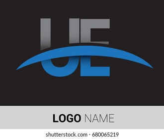 UE initial logo company name colored grey and blue swoosh design.