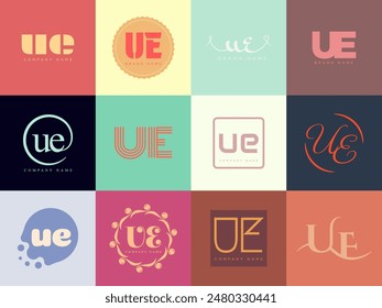 UE logo company template. Letter u and e logotype. Set different classic serif lettering and modern bold text with design elements. Initial font typography. Collection trendy business identity.