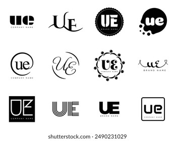 UE logo company template. Letter u and e logotype. Set different classic serif lettering and modern bold text with design elements. Initial font typography. Collection trendy business identity.