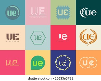 UE logo company template. Letter u and e logotype. Set different classic serif lettering and modern bold text with design elements. Initial font typography. Collection trendy business identity.