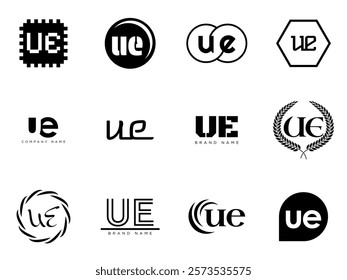 UE logo company template. Letter u and e logotype. Set different classic serif lettering and modern bold text with design elements. Initial font typography. Collection trendy business identity.