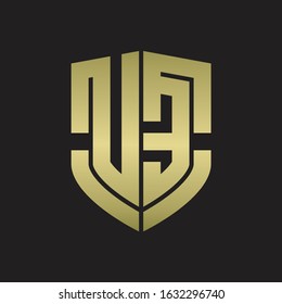 UE Logo monogram with emblem shield shape design isolated gold colors on black background