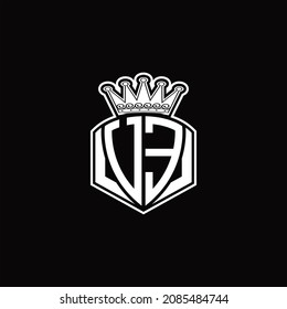 Monograma del logotipo UE con forma de emblema de lujo y plantilla de diseño de corona sobre fondo negro