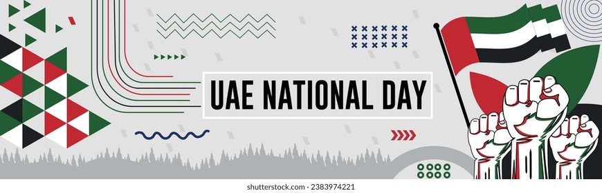 UEA national day banner with map, Flag of united arab emirates  colors theme background and geometric abstract retro modern colorfull design with raised hands or fists.