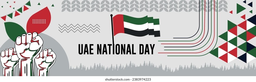 UEA national day banner with map, Flag of united arab emirates  colors theme background and geometric abstract retro modern colorfull design with raised hands or fists.