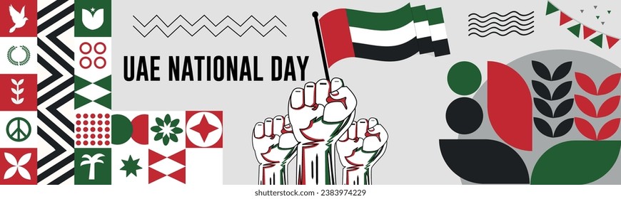 UEA national day banner with map, Flag of united arab emirates  colors theme background and geometric abstract retro modern colorfull design with raised hands or fists.