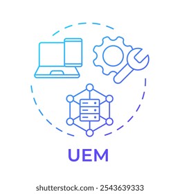 Icono de concepto de degradado azul UEM. Gestión unificada de endpoints. Base de datos, informática. Plataforma cruzada. Ilustración de línea de forma redonda. Abstractas idea. Diseño gráfico. Fácil de usar en infografía, presentación
