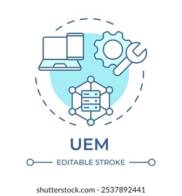 UEM Symbol für sanftblaues Konzept. Einheitliches Endpunktmanagement. Datenbank, Datenverarbeitung. Plattformübergreifend. Runde Liniendarstellung. Abstrakte Idee. Grafikdesign. Benutzerfreundlich in Infografik, Präsentation