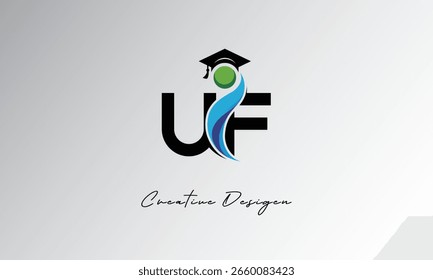 UF Creative Letter Logo mit Graduiertenkappe und abstraktem Human - Modernes Bildungs- und Lernsymboldesign