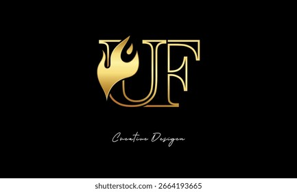 Símbolo minimalista de lujo del diseño del logotipo de la llama de oro de UF para la marca de Premium y la identidad creativa
