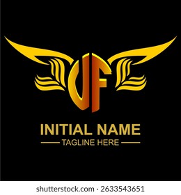 UF Golden Wing Emblem Logo with elegant gold wings, sleek and modern design. Ideal for branding, creative projects, luxury businesses, or artistic ventures.