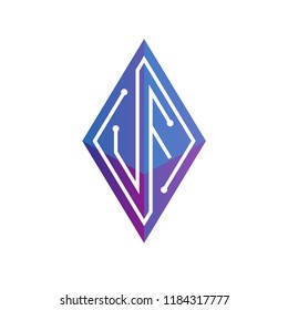 UF Initial letter block chain logo icon vector template. Looping mono line circuit letter on rhombus cube logo