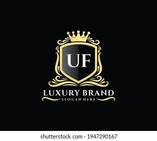 UF Initial Letter, Gold text with feminine floral hand drawn heraldic monogram, Antique vintage style luxury logo design.