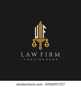 Monograma inicial de la UF para el logotipo del bufete de abogados con espada y escala