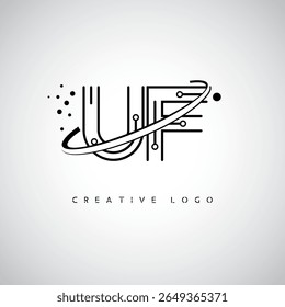 Logotipo de Monograma de Órbita UF - Marca de Letra Mínima Futurista com Linha de Arte Circular, Pontos Inspirados na Tecnologia e Conceito de Movimento Espacial para Identidade de Marca Moderna
