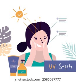 UF safety. Face and body solar protection care concept. Happy woman applying sunscreen cream to her face. Sunscreen cosmetics. Summertime, vacation at tropical resort. flat vector illustration