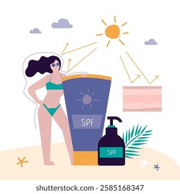 UF safety. Face and body solar protection care concept. Happy woman standing with giant bottle of sunscreen cosmetics. Applying sunscreen cream to body. Summertime, vacation. flat vector illustration