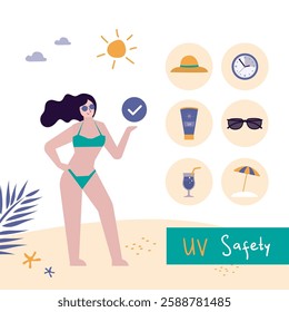 UF safety. Face and body solar protection care infographic. Happy woman standing with sunscreen cosmetics, sun blocks items and icons. Summertime, vacation. flat vector illustration
