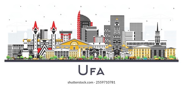 Ufa Russia city skyline with color buildings isolated on white. Vector illustration. Ufa cityscape with landmarks. Business travel and tourism concept with modern and historic architecture.