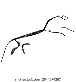 Uffington White Horse. Prehistoric hill figure from Oxfordshire in England. Celtic Iron or Bronze Age art. Pagan animal totem symbol. Hand drawn linear doodle rough sketch. Black silhouette on white.