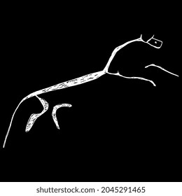Uffington White Horse. Prehistoric hill figure from Oxfordshire in England. Celtic Iron or Bronze Age art. Pagan animal totem symbol. Hand drawn linear doodle rough sketch. White silhouette on black.