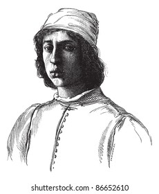  Uffizi Gallery in Florence. - Portrait painted by Filippino Lippi himself. - Drawing Chevignard, vintage engraved illustration. Magasin Pittoresque 1874.