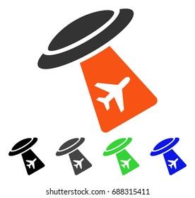 UFO Abduct Plane flat vector illustration. Colored ufo abduct plane gray, black, blue, green pictogram versions. Flat icon style for graphic design.