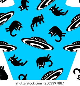 UFO abducting cat pattern seamless. Aliens steals cats background.