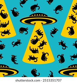 UFO abducting cat pattern seamless. Aliens steals cats background.