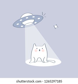 UFO abducting a cat, space ship UFO ray of light in the night sky. 404, page not found icon concept. Cute cartoon isolated vector illustration.