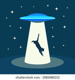 UFO abducting a cat, space ship UFO ray of light in the night sky. Cute cartoon isolated vector illustration.