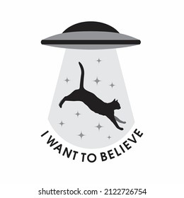 UFO abducting a cat, space ship UFO ray of light in the night sky. Cute cartoon isolated vector illustration.